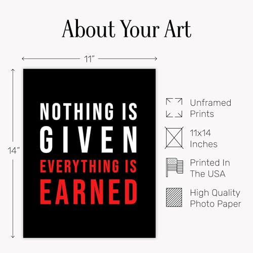 Office Motivational Wall Art 11x14 - Nothing Is Given Everything Is Earned - Inspirational Quote Poster for Gym - Black Red Typography Print - Home Workout Decor - Entrepreneur Gift for Men, UNFRAMED - size: 11"L x 14"W