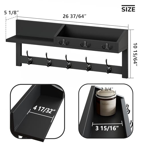 AMBIRD Wall Hooks with Shelf, 26.57 Inch Entryway Wood Coat Hooks for Wall, Coat Rack Wall Mount Rack with 5 Dual Hooks 3 Key Hooks Mail Organizer and Key Rack Key Holder (Black) - color: Black, size: 26.57" L