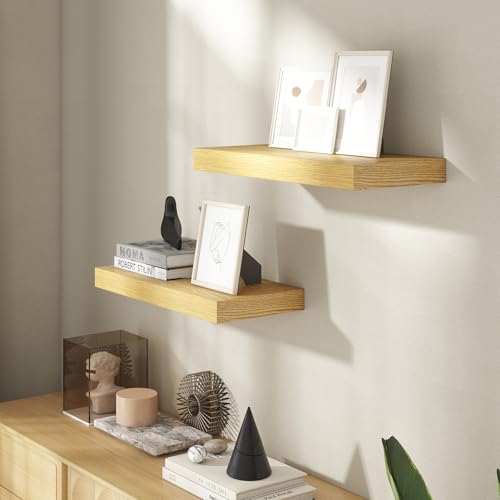 20 Inch Floating Shelves for Wall, 8 Inch Deep Floating Shelf for Storage & Display, Rustic Wall Mounted Shelf with Invisible Brackets for Living Room, Kitchen, Bathroom, Home Decor, Set of 2, Oak - color: Oak, size: 20 Inch, Set of 2