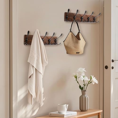 Coat Rack Wall Mount 16.8'' Rustic Hat Rack with 5 Triple Hooks Coat Hooks Wall Mount Farmhouse Wall Hooks for Hanging Coat, Bags, Towels - color: Brown Plate & Black Hook, size: 1 Item-5 Hooks