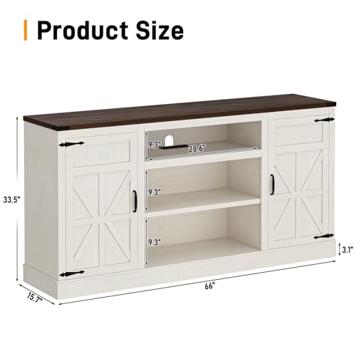 Hlivelood 66" Farmhouse TV Stand with Power Outlets for 75 Inch TVs, 33" Tall Entertainment Center with Storage Cabinets w/Adjustable Shelves, Rustic Large TV Media Console, Rustic White - color: Rustic White, size: 66in