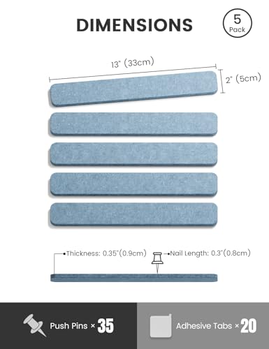 Fluxynara Cork Board Alternative Felt Strip Board 5-Pack 13"x2", Office Pin Board with 35 Push Pins, Adhesive Install for Bedroom Door & Home Office (Dusty Blue) - color: Dusty Blue, size: 5-pack