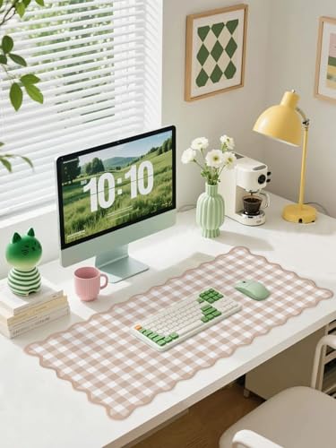 Scalloped Checkered Desk Mat Cute Light Brown Gingham XXL Large Gaming Mouse Pad Farmhouse Cottagecore Vintage Keyboard Computer Mat Pad for Desktop Aesthetic Cozy Office Desk Decor - color: A2-light Brown