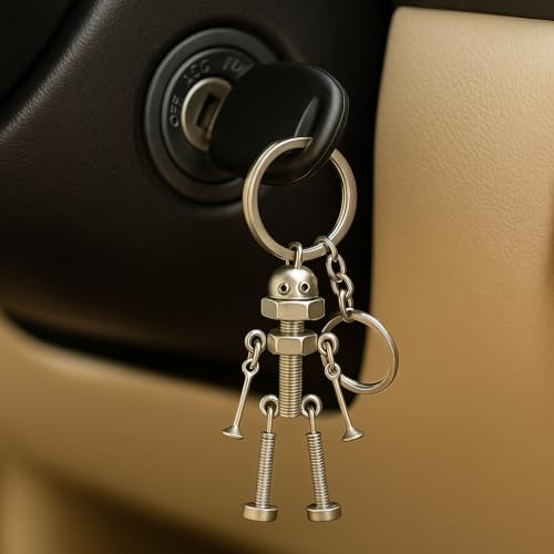 Robot Keychain – Miniature Screw Robot Figurine Key Ring for Men & Women, Unique Industrial Style Key Holder, Cool Bag Charm Accessory