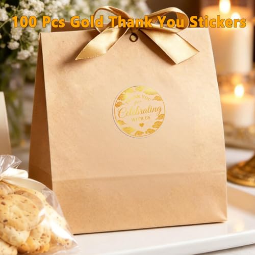 100PCS Thank You for Celebrating with Us Stickers,Gold Party Favor Labels with Elegant Cloud Design Stickers for Wedding, Birthday, Baby Shower, Graduation Favor Bags & Dessert Table 1.6" (Gold)