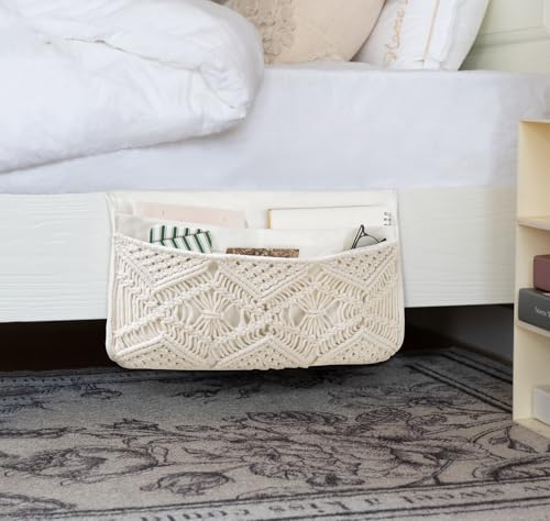Mkono Macrame Bedside Caddy Storage Organizer Boho Remote Control Tablet Magazine Holder with 4 Pockets Non-slip Countertop Bedside Caddy for Home Bedroom Living Room College Dorm Bed, Ivory, Large - color: Ivory, size: Large