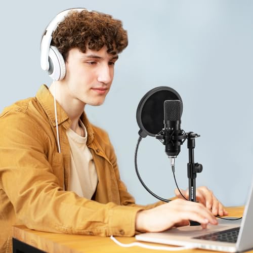 BILIONE Versatile Desktop Microphone Stand, Mic Stand Kit for Desk | 1.5lbs Weighted Base, Height adjustable, With Pop Filter, Shock Mount, Mic Clip, 5/8" to 3/8" Adapter, forrecording & studio - size: Round Base
