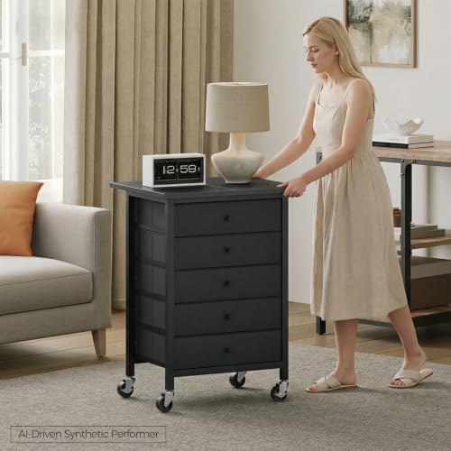 MAHANCRIS 5 Drawer File Cabinet,Rolling Filing Chest Cabinet with Wheels, Under Desk Storage Organizer, Printer Stand with Non-Woven Fabric Drawer, for Home Office, Study, Black FCBK4801 - color: Black