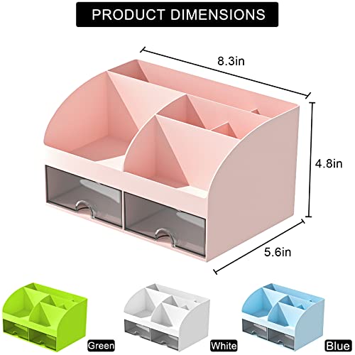 COMFYROOM Desk Organizer with 6 Compartments and 2 Drawers, Plastic Makeup Organizer, Pen Holder for Desktop Storage, Desk Organization for School, Home, Office Supplies (Pink) - color: Pink