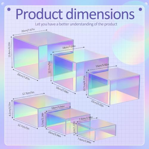 Geelin 6 Pack Acrylic Risers for Display Acrylic Cube Boxes Risers Display Stands with Hollow Bottoms Decorative Stand for Jewelry Candy Table Decor 6 Sizes (Iridescent,3 to 8 Inch,Square) - color: Iridescent, size: 3 to 8 Inch, style: Square