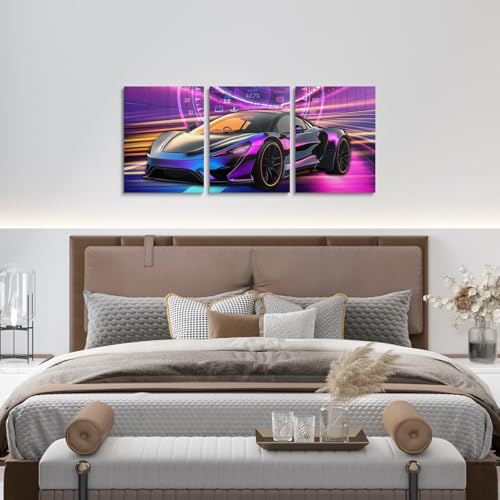 Boys Racing Car Wall Art,Cool Speed Race Car Canvas Wall Art Set of 3 for Kids Boys Girls Teens Room,Blue Purple Speed Dashboard Sports Cars Poster Prints,Automobile Extreme Sport Decor,12x16 - color: Blue Red