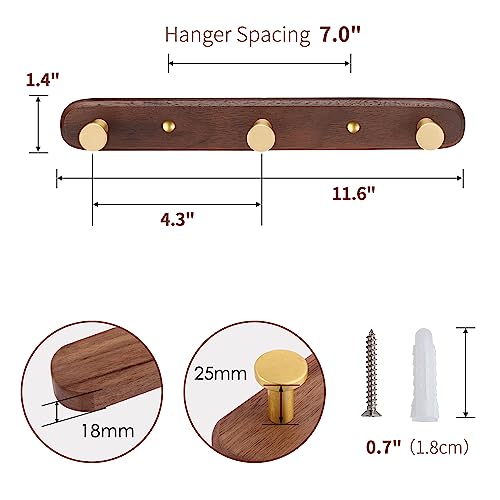 Wall Mounted Coat Rack, Entryway Hanging Coat Rack, Metal Wood Coat Rail with 3 Rustic Hooks Rail for Coat, Scarf, Bag, Towel, Key, Cap, Hat,Walnut Gold Matt - size: 3 Hooks - Round Shape