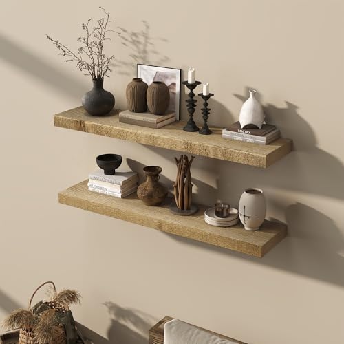 Acovy 40" Unfinished Solid Reclaimed Wood Floating Shelves, Rustic Heavy-Duty Wall Shelves, 8" Deep Floating Shelf for Living Room, Bathroom, Bedroom and Kitchen, Set of 2, Natural - color: Natural, size: 40inches-2P