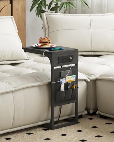 TUTOTAK C Shaped End Table with Charging Station, Side Table for Sofa, Couch Table with Storage Bag, Set of 2, TV Tray Table with 2 USB Ports and Outlets for Living Room, Bedroom, Black TB01BK0242 - color: Black, size: 2 Pack (11.8"W), style: With Plug