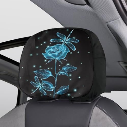 Dragonfly Print Auto Head Rest Cover 2 Pack Head Rest Protector Blue Rose Flower Auto Interior Accessories Soft Stretchy Car Seat Headrest Cover Universal Fit - color: Dragonfly