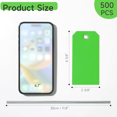 500 Pieces Plastic Shipping Tags with Wire Waterproof Hang Tags Heavy Duty Labeling Tags with String Wires Tags Labels Labeling Tags Stacking Tags for Equipment Car Parts (Green, 4 3/4 x 2 3/8) - color: Green, size: 4 3/4 x 2 3/8