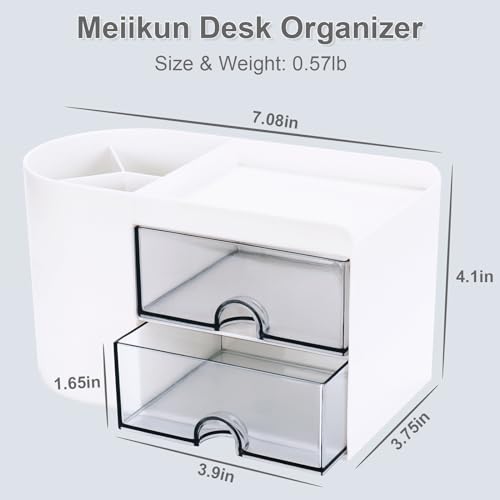 Meiikun Desk Organizer with Drawer, Pen Organizer for Desk, Small Pencil Holder, Desk Organizers and Accessories for Office Home Storage (2 Drawers+4 Compartments, White) - color: 4 Compartments + 2 Drawer (White)