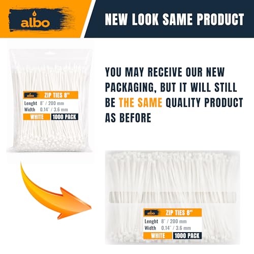 ALBO Zip Ties White 8 Inch 1000 Pack 40 lb, Long Plastic Cable Ties Thick 0.14 Inch Tie Wraps Heavy Duty UV Resistant Nylon Wire Ties for Indoor and Outdoor - size: 8" White 1000 Pack 40lb