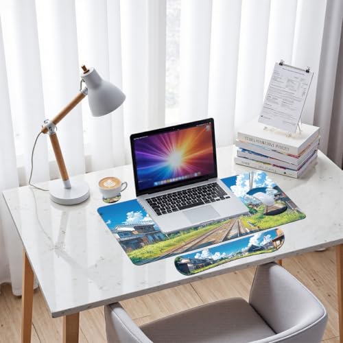 Anime Landscape Desk Mat Set Japanese Railway Summer Sky Town Mouse Pad with Wrist Rest 4in1 Desk Mat for Desktop Ergonomic Computer Desk Arm Wrist Anti-Slip Computer Mouse Pad Home Office Gaming - color: Anime Landscape