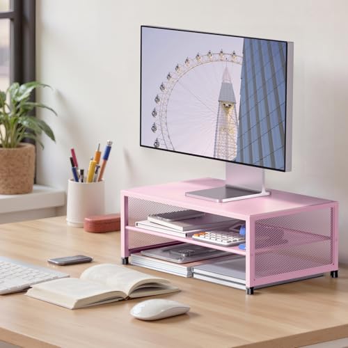 ECOLOVI 2-Tier Computer Monitor Stand Riser, Desk Organizer for Monitor, Printer & Laptop Stand, Desktop Workspace Organizers for Office Supplies(Pink) - color: Pink, size: 2-tier