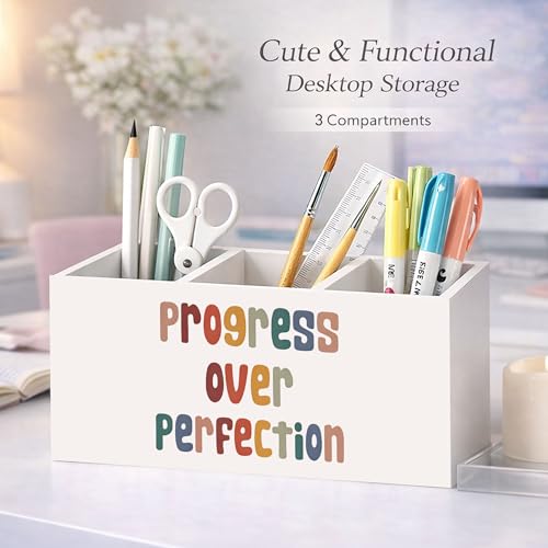 Progress Over Perfection Wooden Pen Holder | Motivational “Progress Over Perfection” design; 3-compartment wooden pencil caddy for office, home, or classroom desk. - color: Progress Over Perfection