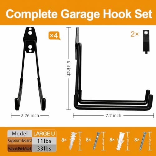 Garage Hooks, 4 Pack 7.7inch Large Square Wall Hooks for Hanging Heavy Duty Ladders, Bikes, Tools Ideal for Garage, Garden, Basement Utility Room Storage (Black) - color: Black, size: Large Square-4pcs