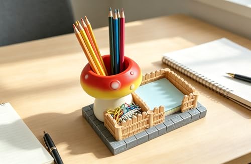 Mushroom Desk Organizer Resin 3 Compartments Pen Holder Cute Office Desk Accessories with Sticky Note Paperclip Holder for Home School Office Decor