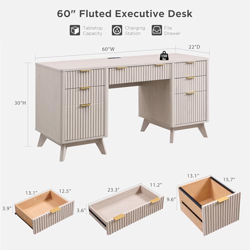 T4TREAM Modern Fluted Executive Desk with Drawers, 60" Home Office Computer Desk with Charging Station & Keyboard Tray, Alder White - color: Alder White