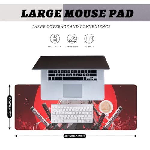 Anime Samurai Girl Gaming Mouse Pad Red Moon Gothic Large Desk Mat with Stitched Edges,Non-Slip Waterproof Rubber Base Mouse Mat Office Computer Keyboard Laptop 31.5"x11.8" - color: Anime Samurai Girl