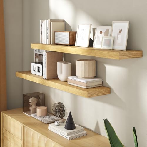 48 Inch Floating Shelves for Wall, 8 Inch Deep Floating Shelf for Storage & Display, Rustic Wall Mounted Shelf with Invisible Brackets for Living Room, Kitchen, Bathroom, Home Decor, Set of 2, Oak - color: Oak, size: 48 Inch, Set of 2