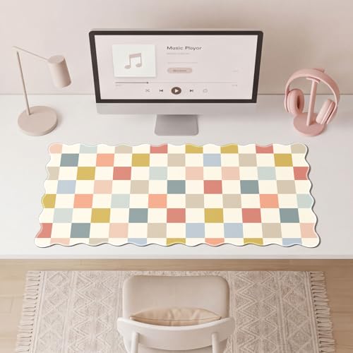 Checkered Colorful Scalloped Mouse Pad,Cute Boho Gingham Large Desk Mat Non-Slip Rubber Base,Aesthetic Decor Gaming Desk Pad for Office Laptop Mouse Keyboard Pad, 31.5" x 15.7", XL - color: Checkered Boho Beige