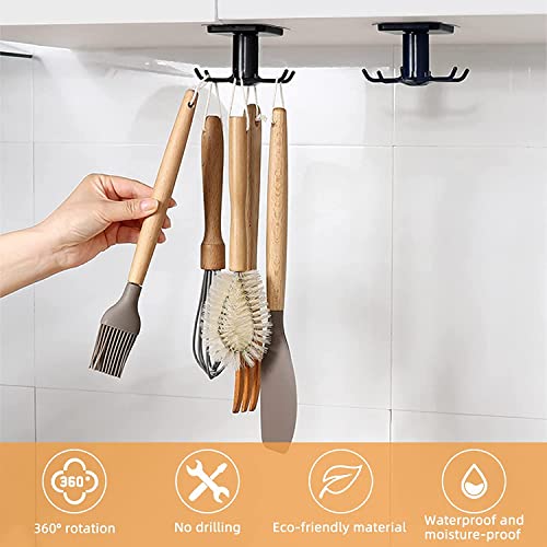 2pcs Under Cabinet Kitchen Utensil Hooks,360° Rotating Drilling Free Adhesive Utensils Hanging Rack for Tools/Towel/Knife (Black) - color: Black