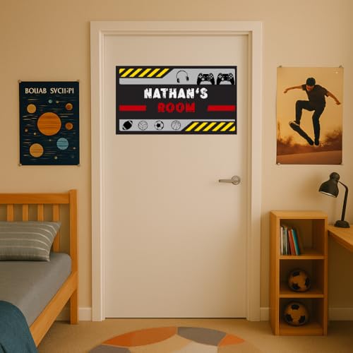 Custom Boys Room Wall Decal – Door Sticker for Teens – Personalized Name Wall Art Sign for Teen Bedrooms, Gaming Spaces, or Lounges – Vinyl Sticker for Boys Age 12-16 – MotivoDecorSpaces (Name Banner)