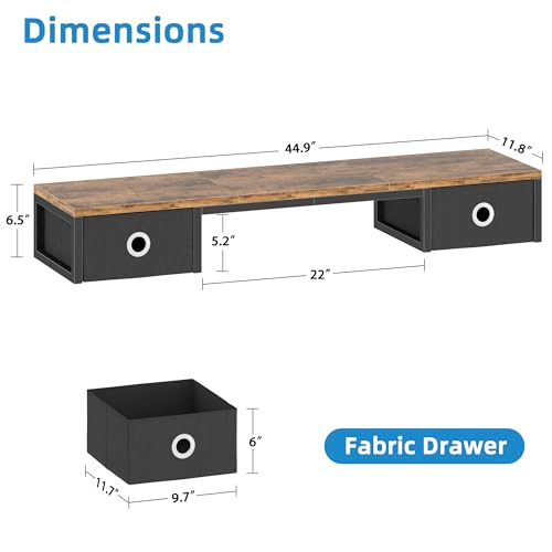 YAOHUOO 45" Large TV Riser with Fabric Drawers for 32-60 inch TV | TV Stand Riser with Steel Legs, Tabletop TV Riser Shelf, Monitor Stand Riser for Home Office,Rustic Brown