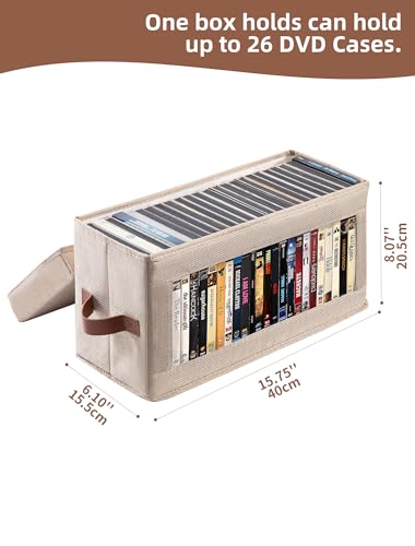 4 Pack DVD Storage Box with Visible Window, Dustproof CD/DVD Case Holder Organizer Rack Can Hold Up to 104 DVD, Blu-ray & CD Storage, Stackable and Lid Design-Beige - color: Beige, size: 4 Pack