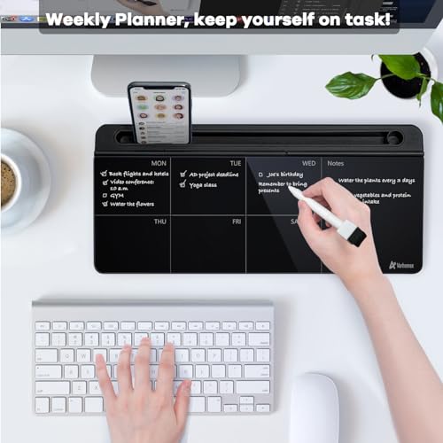 Varhomax Glass Weekly Planner Desk White Board, Desktop Calendar Whiteboard with Storage, to Do List Memo Caddy for Home Office and School Supplies, Black - color: Weekly Planner-black
