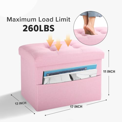 LINMAGCO Storage Ottoman Folding Foot Stool Foot Rest with Side Pocket Modern Ottoman with Storage Short Sofa Stool Linen Cloth 17x13x13(Pink) - color: Pink(linen), size: 13"D x 17"W x 13"H