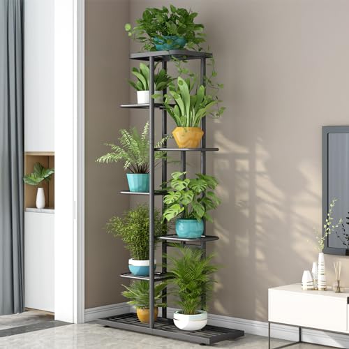 LINZINAR Plant Stand Metal 7 Tier 8 Potted Multiple Flower Pot Holder Shelf Indoor Outdoor Planter Display Shelving Unit for Patio Garden Corner Balcony Living Room, DarkGrey - color: Dark Grey, size: 7 Tier-8 Potted