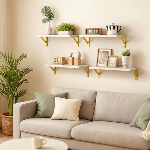 Fixwal White Shelves, Wood Wall Floating Mounted Shelves for Bedroom, Bathroom, Living Room, Kitchen Storage and Decor(White, Set of 4, 16.5 Inch) - color: White
