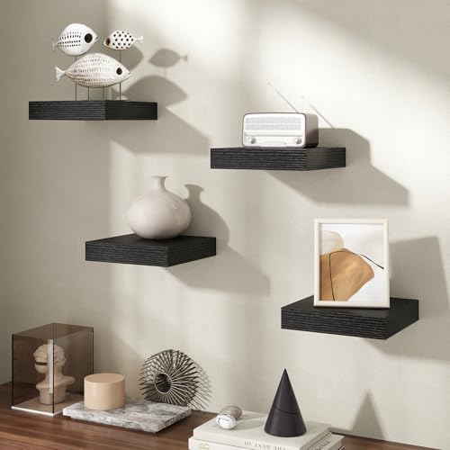 Axeman Square Floating Shelves for Wall, 8" W x 8" D x 1.4" H Rustic Wooden Wall Shelves, 4 Pack Wall Mounted Floating Shelf with Invisible Brackets for Living Room, Bathroom, Kitchen, Black Color - color: Black, size: 8 Inch, Set of 4