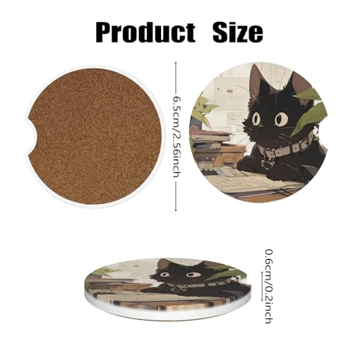 Car Cup Holder Coasters, 2 Pcs Ceramic Coasters with Cork Back and Finger Slot, Anti-Slip Shock Absorbing Women and Men Universal Car Accessories - Wide-Eyed Cat - color: Wide-eyed Cat