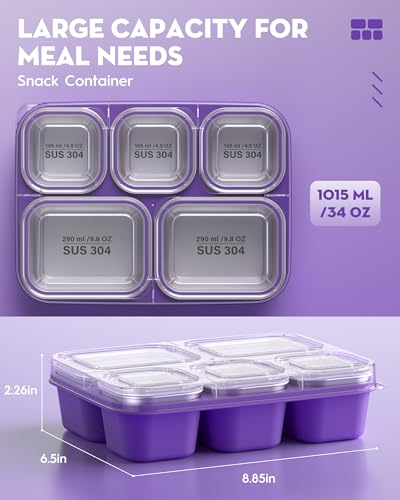 BiuLeon Snackle Box Containers, Stainless Steel 5 Compartments Divided Serving Tray with Lid, Removable LeakProof Portable Bento Box for Fruit Candy Nuts Food - School, Picnic and Travel(Purple) - color: Purple