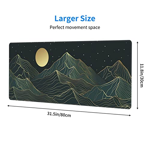 Golden Mountain Line Moon Landscape Gaming Mouse Pad XL Extended Large Mousepad with Nonslip Rubber Base Stitched Edges Laptop Computer Keyboard Desk Mat for Office Home Gamer - color: Mountain Moon, size: 31.5" x 11.8"