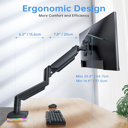 RGB Single Monitor Stand, Gas Spring Monitor Arm with 3 USB Ports, Charging and USB Data Transfer Function, Desk Mount for 13"-32" Monitors up to 19.8lbs, Adjustable Height, Tilt, Swivel, Rotate - size: RGB Single Arm