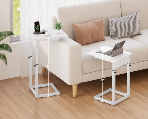 Vagusicc C Shaped End Table with Charging Station, C Table End Table Adjustable Height Sofa Table, Side Table for Couch, Couch Table that Slide Under, TV Tray Arm Table for Living Room,Bedroom, White - color: White, style: Charging Station