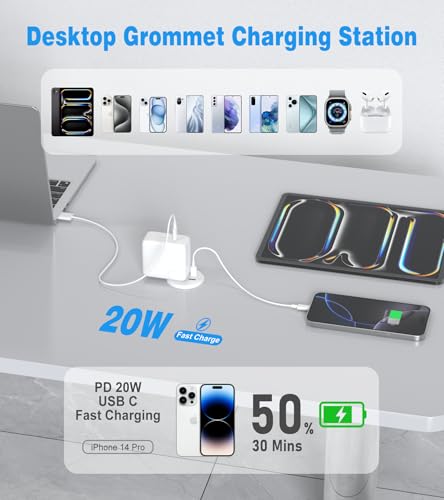 2 Pack Desk Power Grommet Outlet, 2 inch Recessed Power Outlet with 20W USB-C Fast Charging, for Conference Rooms, Office Tables, Furniture, 6FT Cord(ETL Listed) - color: White