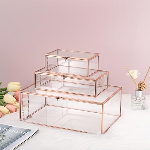 Hipiwe Vintage Glass Box with Lid - Rectangle Jewelry Display Box Vanity Lidded Box Glass Trinket Organizer Rose Golden Decorative Boxes for Keepsakes Perfume,X-Large - color: Rose Gold, size: X-Large