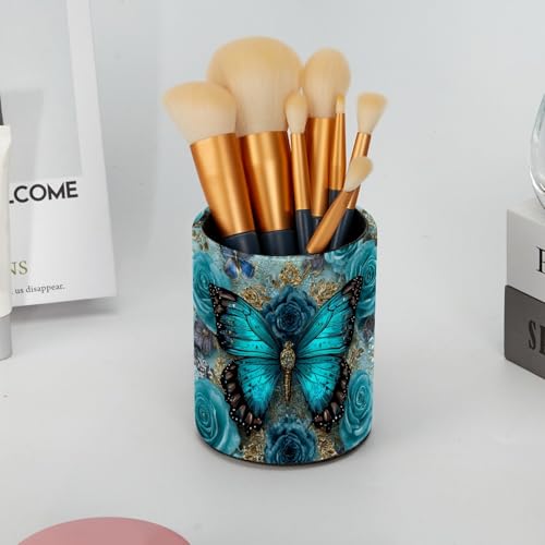Navy Blue Butterfly Pen Holder Pencil Organizer for Desk, 3.1”x3.1”x3.9” Pencil Cup Office Supplies, Large Capacity Cute Pen and Makeup Brush Holder for School, Desktop - color: Navy Blue Butterfly