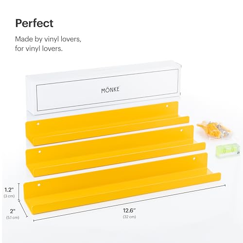 Vinyl Record Shelf - 3 Metal Display Shelves - Wall Mount Now-Playing Vinyl Shelves - an Album Record Holder that Doubles as a Picture Ledge - Fits All Records (Yellow) - color: Metal (Yellow)