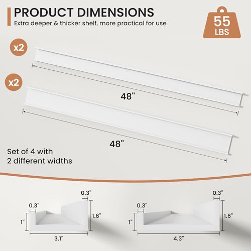 Fun Memories Picture Ledge Shelves Set of 4, 48 Inch Rustic Wall Mounted Floating Shelves with Lip for Home Storage and Décor in Bathroom, Kitchen, Nursery, Bedroom, Living Room, White - color: White, size: 48 inch, Set of 4